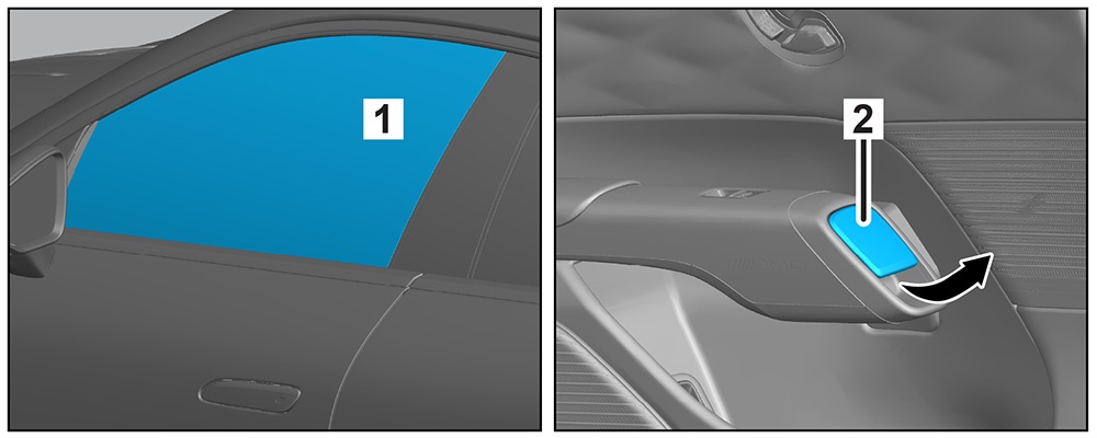 1. Access the interior door handle through the side window (1)
2. Pull the interior door handle (2)