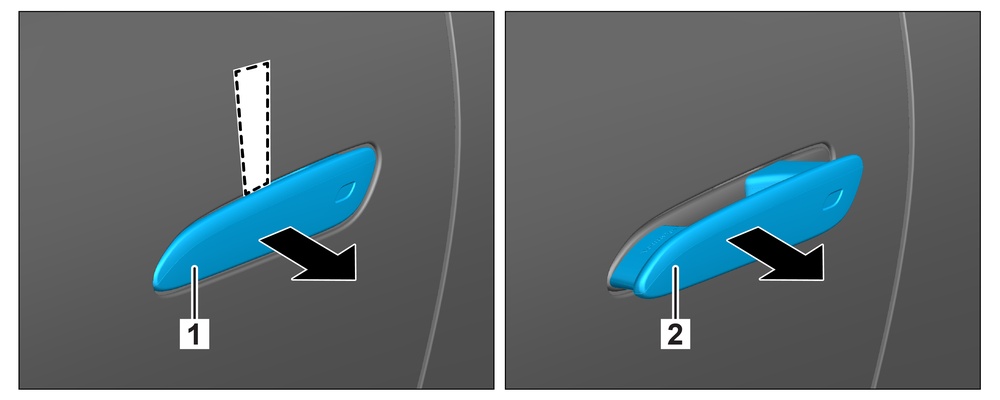 1. Imbotta oġġett ċatt, mhux metalliku minn fuq minn wara l-manku tal-bieb miġbud (1) u iġbdu ftit 'il barra.
2. Ilħaq wara l-manku tal-bieb (1) minn taħt u iġbed 'il barra sakemm tħoss ir-reżistenza u żomm f'dik il-pożizzjoni.