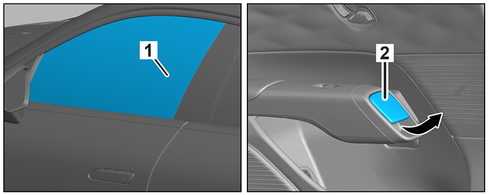 1. Access the interior door handle through the side window (1)
2. Pull the interior door handle (2)