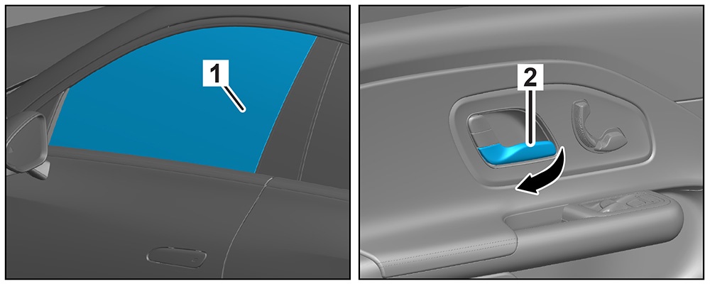 1. Zugang zum inneren Türgriff über das Seitenfenster (1)
2. Inneren Türgriff (2) ziehen