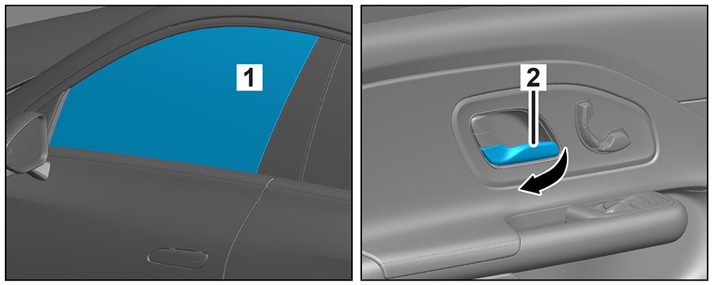 1. Access the interior door handle through the side window (1)
2. Pull the interior door handle (2)