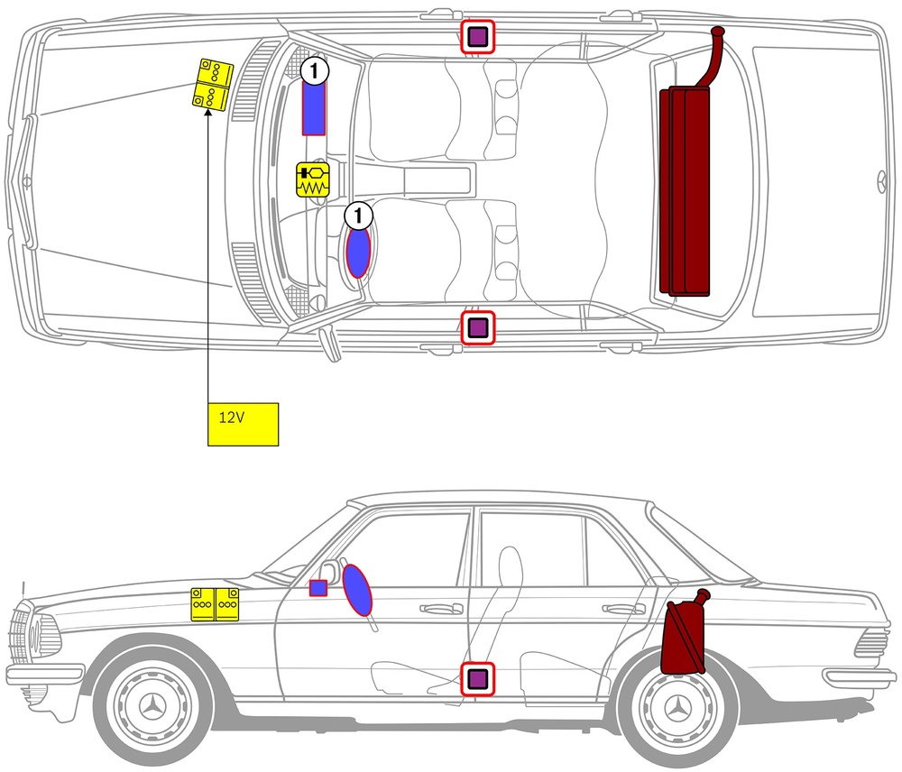 Strichzeichnung des Fahrzeugs mit Markierungen der sicherheitsrelevanten Komponenten und Rettungspunkten. 