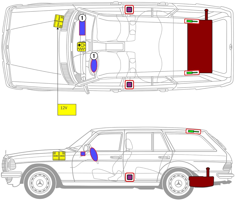 Strichzeichnung des Fahrzeugs mit Markierungen der sicherheitsrelevanten Komponenten und Rettungspunkten. 