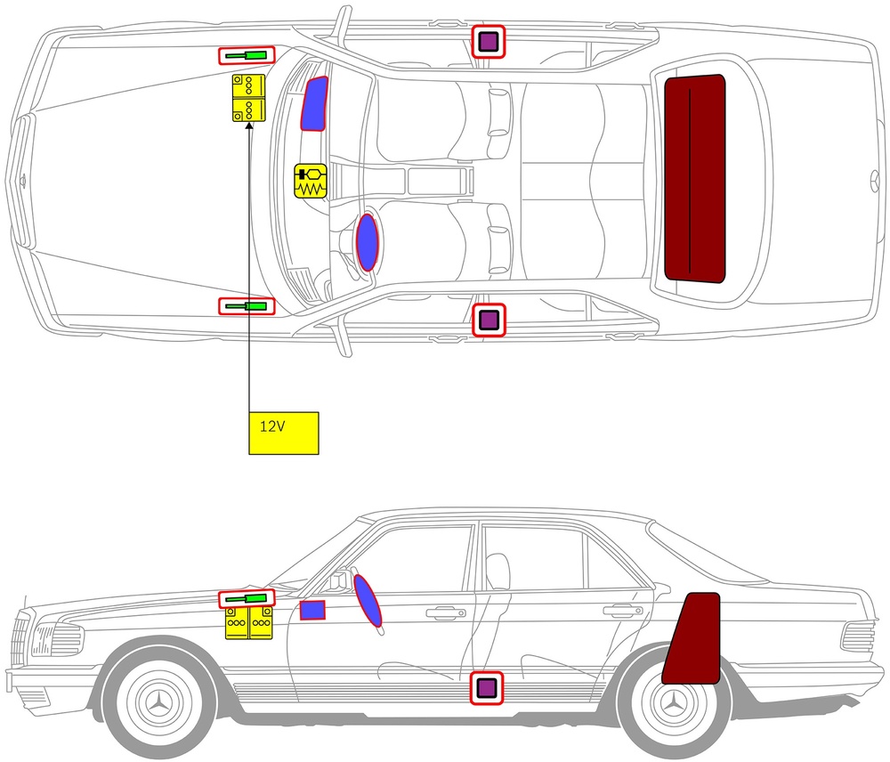 Strichzeichnung des Fahrzeugs mit Markierungen der sicherheitsrelevanten Komponenten und Rettungspunkten. 
