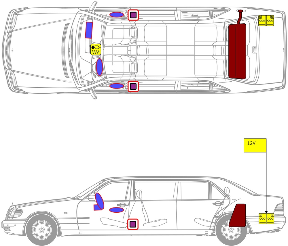 Strichzeichnung des Fahrzeugs mit Markierungen der sicherheitsrelevanten Komponenten und Rettungspunkten. 