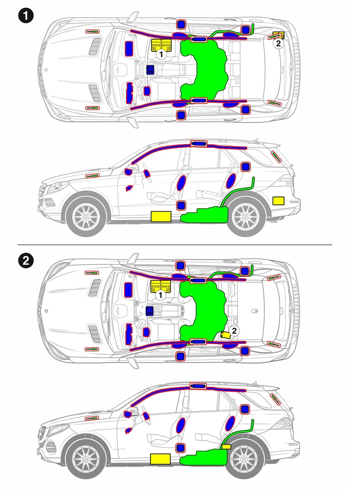 Strichzeichnung des Fahrzeugs mit Markierungen der sicherheitsrelevanten Komponenten und Rettungspunkten. 