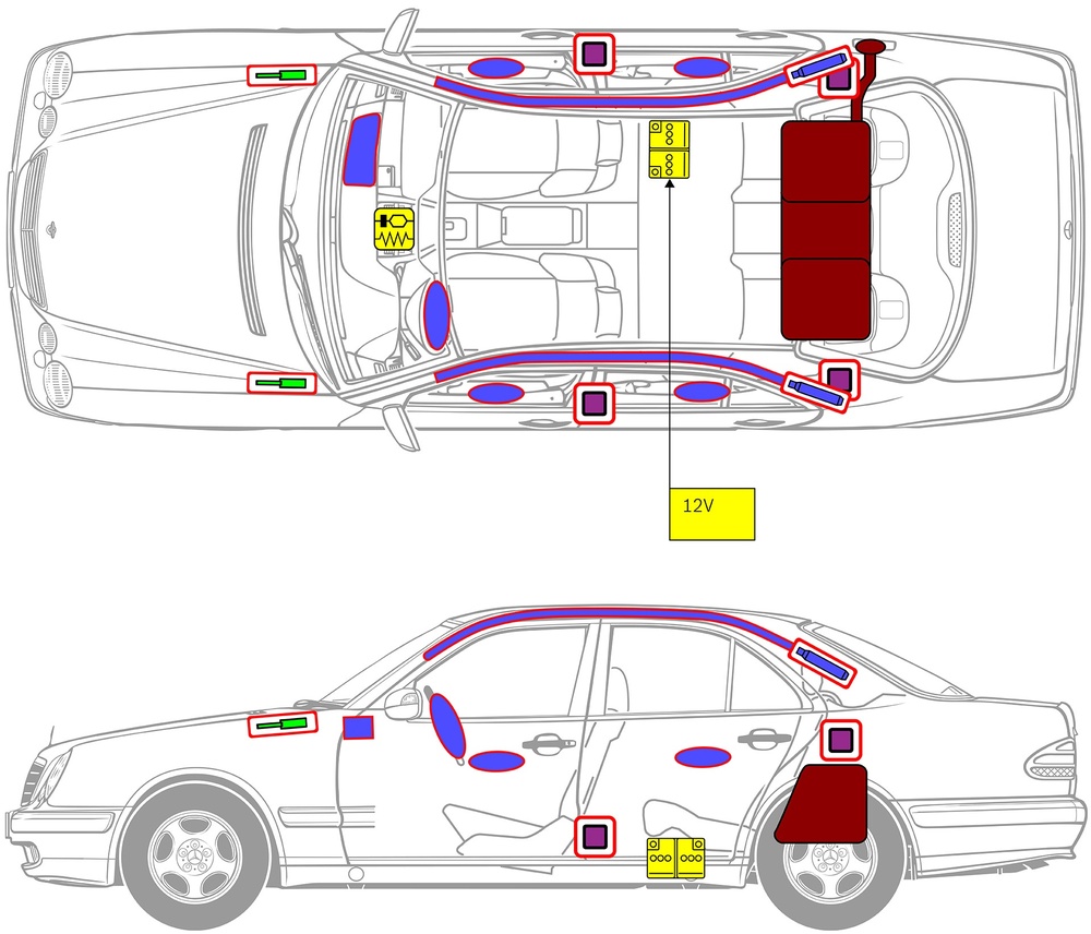 Strichzeichnung des Fahrzeugs mit Markierungen der sicherheitsrelevanten Komponenten und Rettungspunkten. 