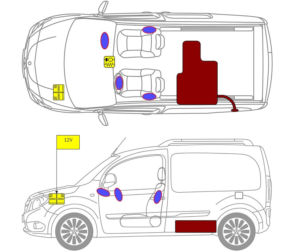 Strichzeichnung des Fahrzeugs mit Markierungen der sicherheitsrelevanten Komponenten und Rettungspunkten. 