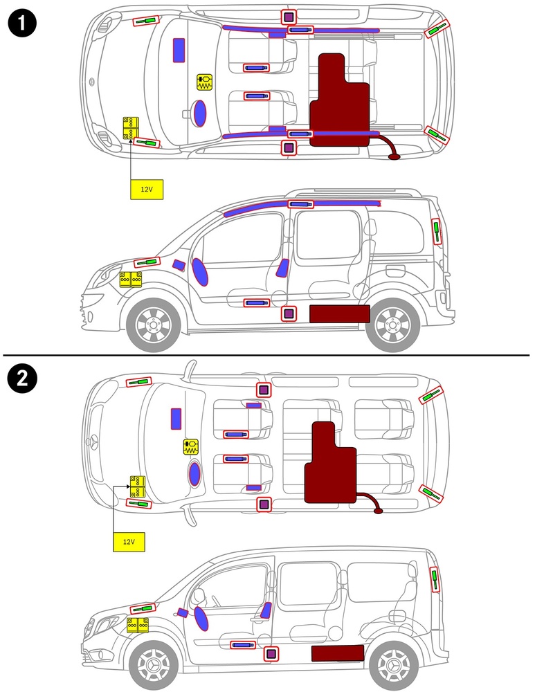 Disegno tratteggiato del veicolo con contrassegni per i componenti rilevanti per la sicurezza e i punti di soccorso. 