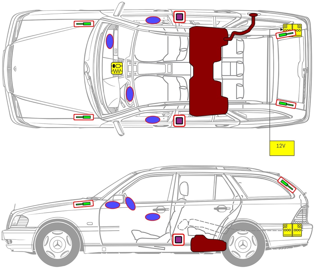 Strichzeichnung des Fahrzeugs mit Markierungen der sicherheitsrelevanten Komponenten und Rettungspunkten. 