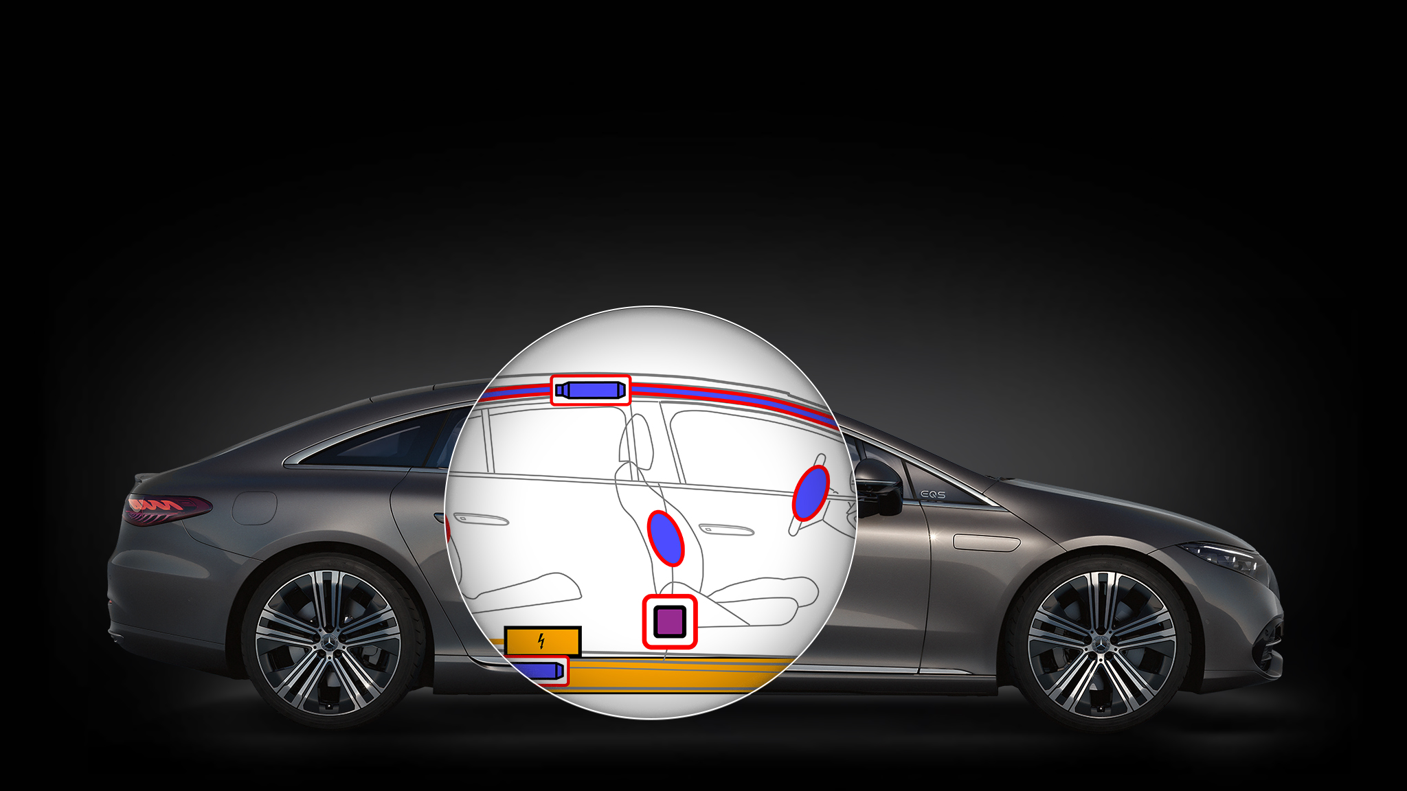 Darstellung eines Mercedes-Benz Fahrzeugs mit schematischer Darstellung von Airbags, Batterien und weiteren für die Rettung relevanten Fahrzeugkomponenten.