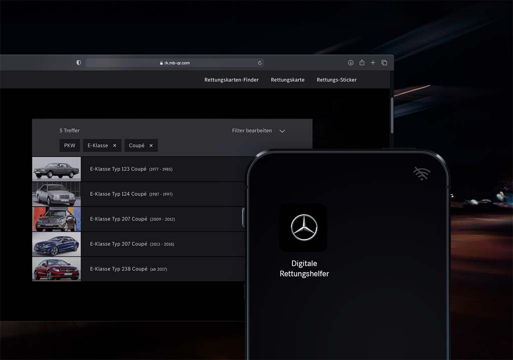 Darstellung der Mercedes-Benz Rettungshelfer als Progressive Web App auf unterschiedlichen Endgeräten.